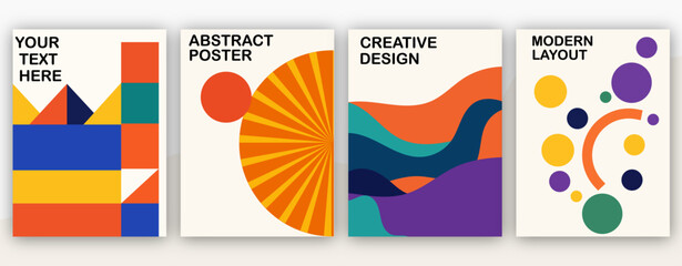 Abstract poster set. Geometric patterns, sunburst rays, colorful waves and modern circle layouts. Minimal vector templates for creative design, banners, branding and digital artwork.