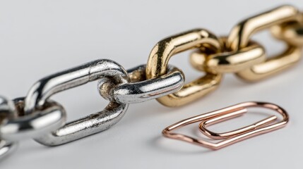 Obraz premium close up of a broken chain and a paper clip on white background no logos no brands ar 169