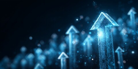 Abstract digital blue arrows pointing upward on dark backdrop with glowing particles. Concept for business growth, financial success and career advancement