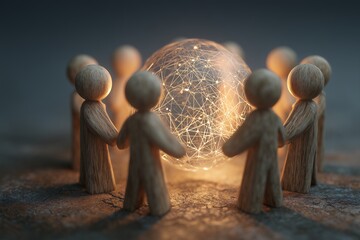 Wooden figures circle a glowing network sphere, depicting collaboration and unity in soft light. Concept for teamwork, community engagement and technological advancement