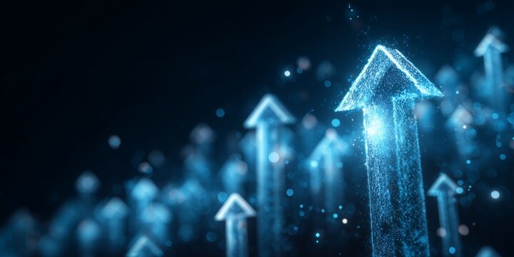 Abstract digital blue arrows pointing upward on dark backdrop with glowing particles. Concept for business growth, financial success and career advancement