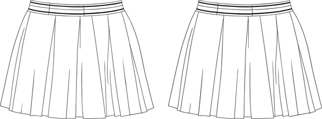 Fashion technical flat vector illustration of women dress with V neckline ruffle trim, puff sleeves, button front bodice, tiered skirt silhouette