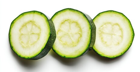 Three zucchini slices, close-up,  pale green flesh, dark green rind
