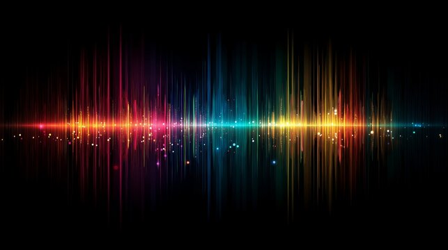 Abstract colorful light wave with digital sound equalizer on dark background, concept for audio spectrum visualization, technology wallpaper and music event promotion