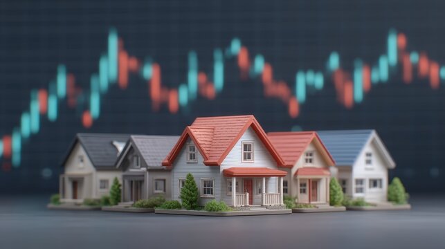 Miniature houses with financial graphs in the background showcasing the relationship between real estate market trends and housing investments