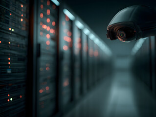 Rows of server racks with glowing status lights in dimly lit data center, security camera monitoring corridor, technology and surveillance concept