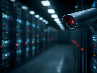 Surveillance camera monitoring secure data center corridor, rows of server racks with glowing status lights, advanced technology, cyber security, and modern infrastructure