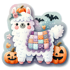 Cute watercolor llama with patchwork pumpkin, autumn Halloween kids illustrations, trendy decor
