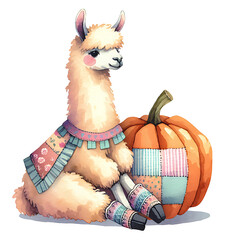 Cute watercolor llama with patchwork pumpkin, autumn Halloween kids illustrations, trendy decor
