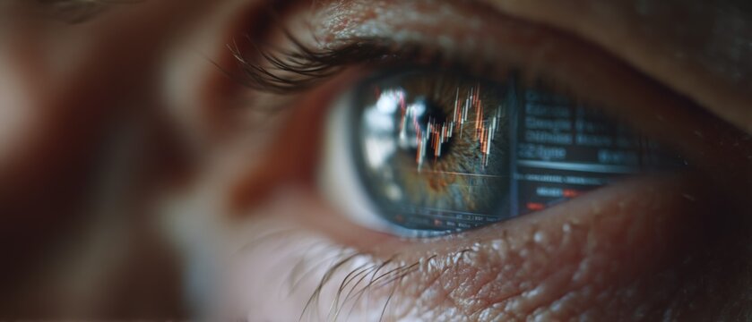 Close-up of human eye reflecting stock market charts, symbolizing finance, data analysis, trading, fintech, and digital market monitoring