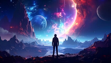 A figure gazes at an awe-inspiring cosmic landscape, with vibrant nebulae, celestial bodies, and a vast, unknown terrain