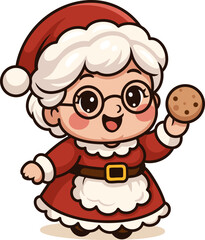 Cute cartoon illustration of Mrs. Claus holding a cookie, smiling in a festive red outfit. Perfect for Christmas cards, stickers, and holiday decorations.