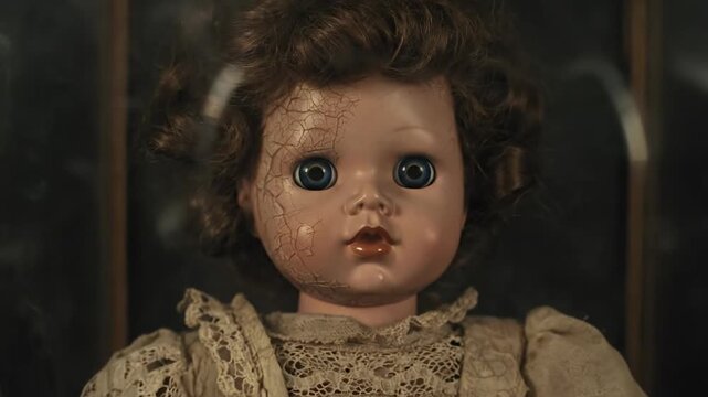 A vintage porcelain doll encased in a dusty, glass display, viewed with a handheld push-in, showing subtle reflections adding to its eerie, trapped appearance mystery, encased, abandoned