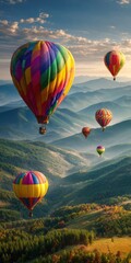 Obraz premium Colorful hot air balloons soaring over mountainous terrain under a blue sky
