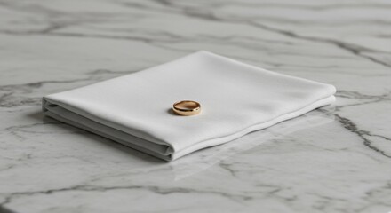 Stylish linen napkin with a golden ring placed on a marble table

