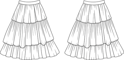 Women’s tiered skirt fashion flat technical vector illustration with layered design, pleated gathers, flared silhouette, garment construction drawing template
