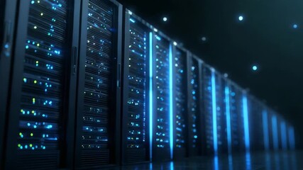 Futuristic server room filled with glowing data servers illuminating the dark space, representing advanced technology and connectivity. - Powered by Adobe