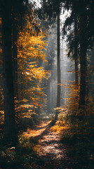 Naklejka premium Golden autumn forest path with sunlight streaming through tall trees, creating peaceful and cinematic atmosphere, fallen leaves covering ground, tranquil and serene mood