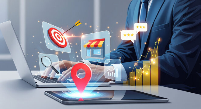 Digital marketing strategy business person analyzing online data global reach augmented reality icons targeting success business growth