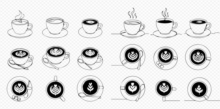 Line art illustration featuring various coffee cups with latte art, side views, and top-down perspectives.