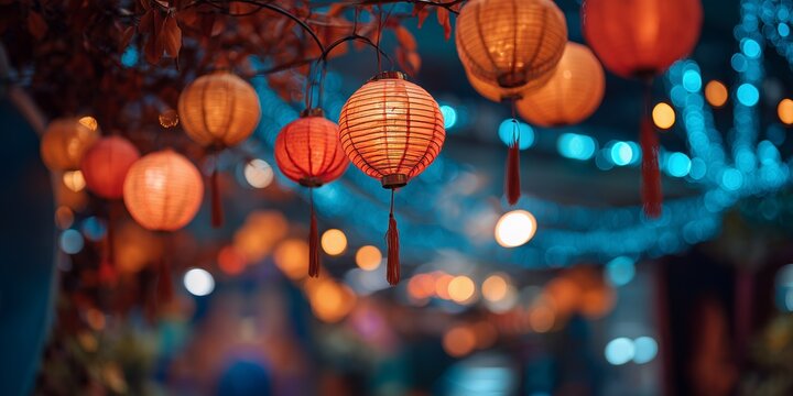 Warm glowing lanterns hang from branches against a blurred backdrop of blue lights, concept for festive decorations, cultural events and holiday celebrations