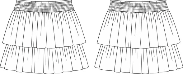 Vector flat fashion sketch of tiered skirt with elastic waistband, three gathered layers, ruffle design, flared silhouette, garment illustration