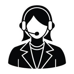 Black and white icon of a person wearing a headset and jacket microphone