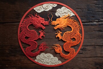 Red and orange paper cut dragons facing each other within a circle frame, set on a rustic wooden background. Concept for Chinese New Year celebration, traditional oriental decoration and festive
