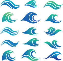 Modern Blue Green Gradient Wave Icons Collection. Water and Ocean Symbols Set.