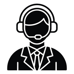Black and white icon of a person wearing a headset and suit microphone