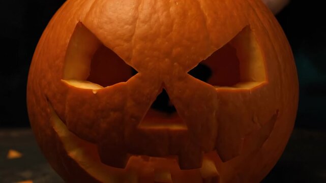 An intricate, spooky pattern gradually emerges on a large orange pumpkin as delicate cuts reveal the design against a dark, atmospheric background atmospheric, dark background, textured