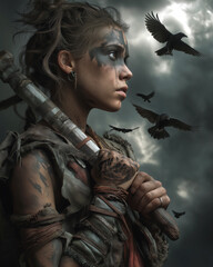 A dramatic portrait of a battle-worn witch with scars and tribal paint, holding a magical dagger, background filled with stormy clouds and crows flying.