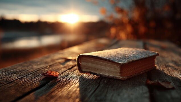 A weathered book rests on a rustic wooden table outdoors at sunset, near a calm body of water; autumn leaves scattered nearby, bathed in warm golden light - Powered by Adobe