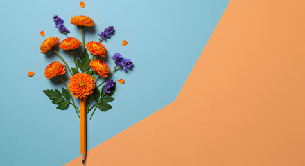 Vibrant orange and purple flowers on a dual-tone modern background.