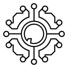 Black circuit board pattern with circular nodes on white background technology network