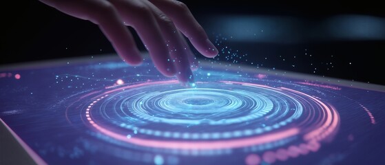 Finger touching holographic interface with glowing circular pattern.