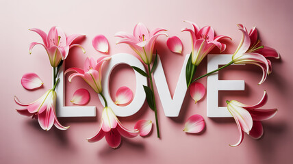 White letters spelling LOVE adorned with pink lilies and scattered petals on a pink surface love word