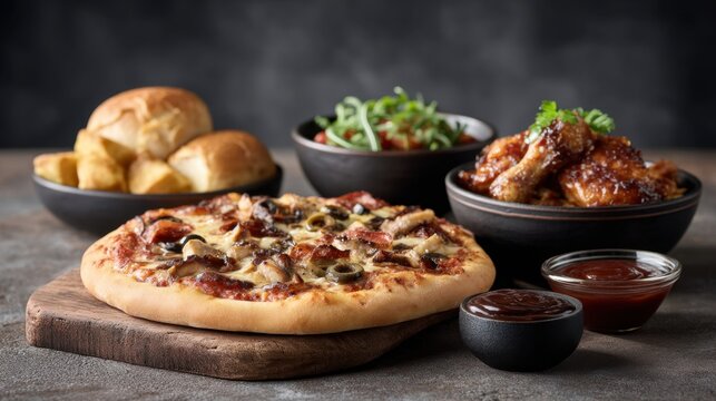Delicious Pizza with Toppings and Sides, Including Chicken Wings, Bread Rolls, and Savory Dipping Sauces on a Rustic Table Setting