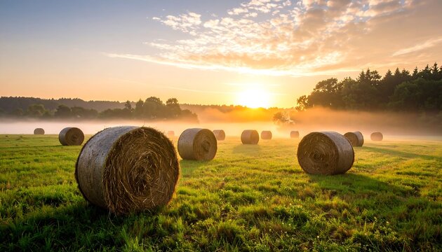 Hay bales in a misty field at sunrise - Powered by Adobe