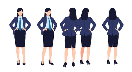 A professional woman in a suit shown from multiple angles.