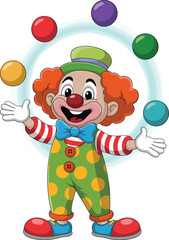 Cartoon clown juggling balls, cheerful circus character illustration, colorful entertainment design, playful party mascot, vibrant costume art, children’s celebration concept, fun performer pose