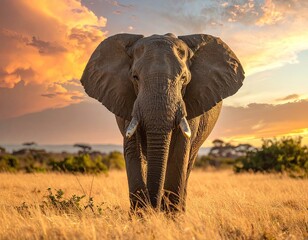 Obraz premium African Elephant at Sunset in Savannah