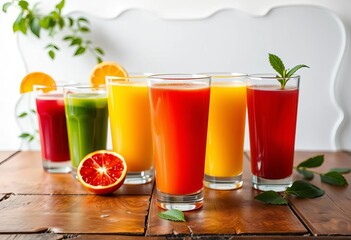Several glasses of vibrant juice on a rustic wooden table, paper cut-out style background,  tropical,  table