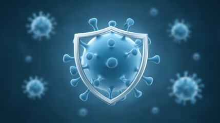 3D Illustration of Coronavirus with Protective Shield Symbolizing Defense Against Viruses and Diseases, Ideal for Health and Safety Themes