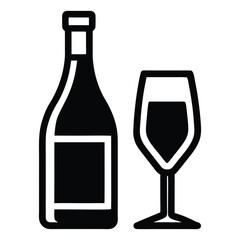 Black icon of wine bottle and glass with dark liquid wine glass drink