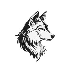 Naklejka premium Striking Black and White Wolf Head Illustration in Profile View, Majestic Wild Animal Vector Art, Strong and Fierce Design Element