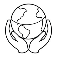 Black outline of earth held in cupped hands globe holding