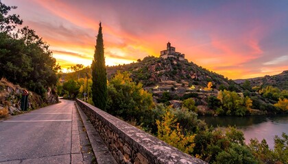 Scenic autumnal sunset over a river valley