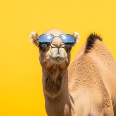 Camel wearing glasses with yellow background 