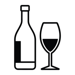 Black outline of wine bottle and glass with dark liquid wine glass drink